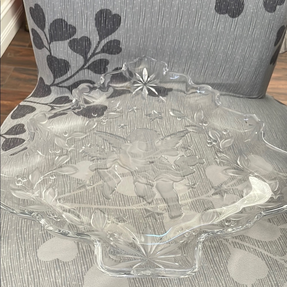 Elegant Clear Glass Serving Platter Christmas tree design.Angel and holly design